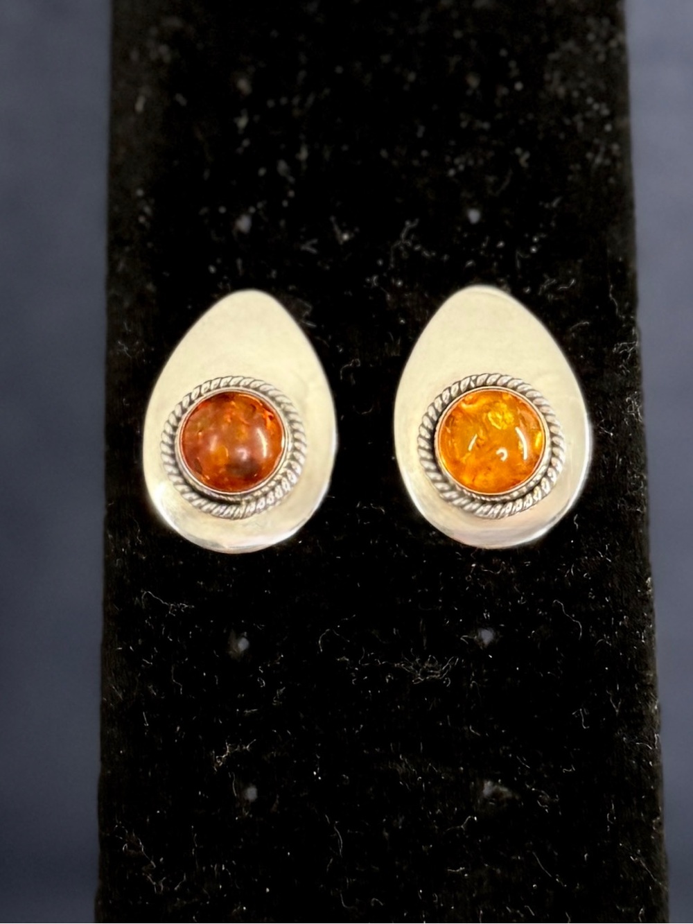 ARTIE YELLOWHORSE Navajo Sterling Silver Amber Cable Teardrop Stud Post Earrings